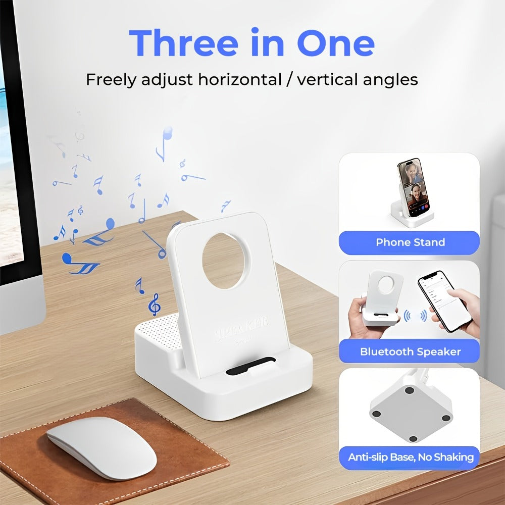 Magnetic Wireless Speaker Stand with Emergency Charging – 360° Adjustable Foldable Phone Holder, Portable Bluetooth Speaker, Compatible with iPhone & Android, for Home, Travel & Office