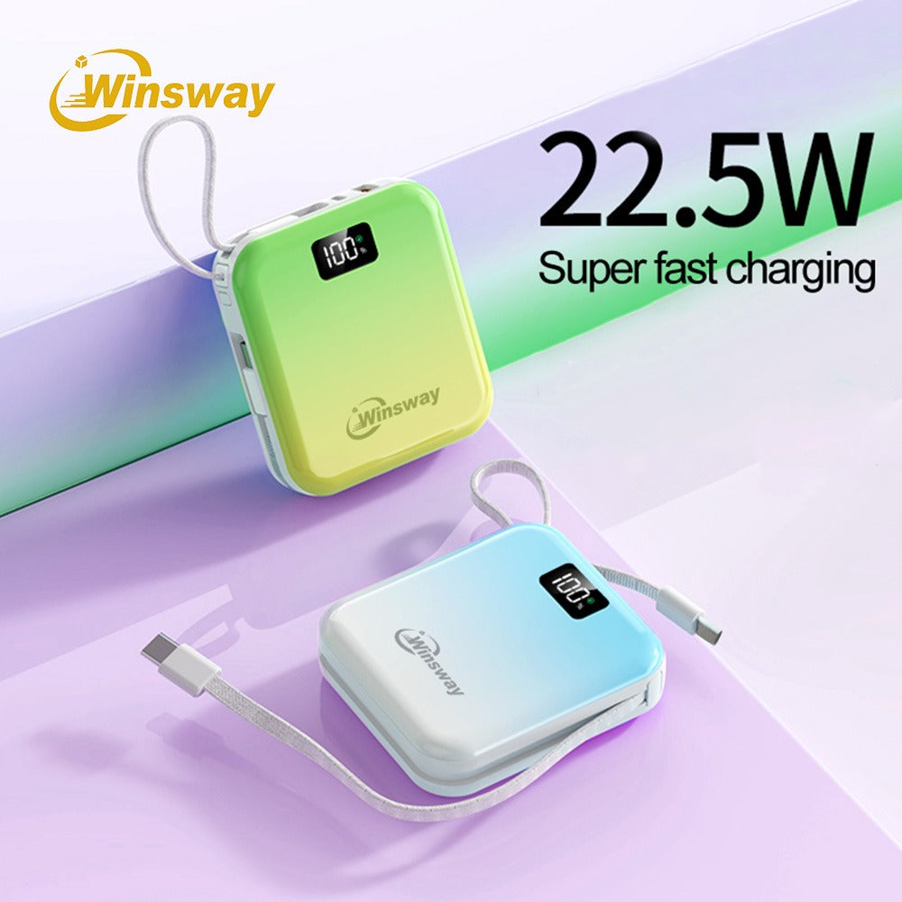 Mini Compact Power Bank 10000mAh Winsway 22.5W Fast Charging – Built-in Dual Cables USB-C & USB-A, Gradient Design, LED Display, Ultra-Lightweight Portable Charger for Travel Boarding Outdoor Gift