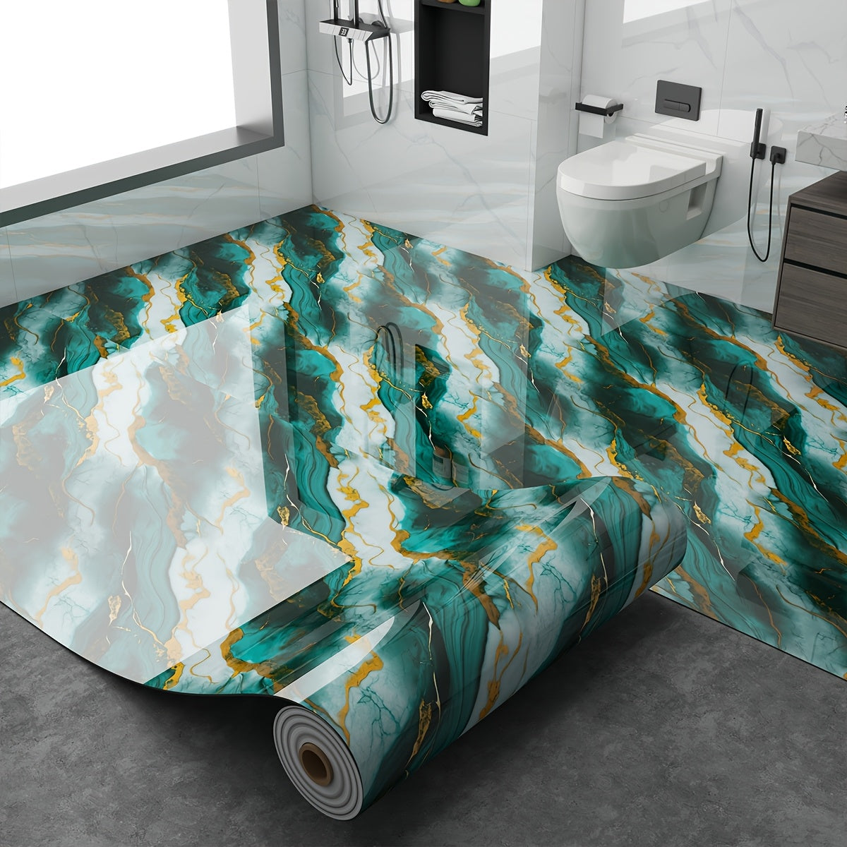 Peel and Stick Floor Tile Sticker 15.7"x118" Self-Adhesive Marble Pattern Vinyl Roll – 3mm Thick Removable Flooring for Kitchen Backsplash, Bathroom, Shower Room & Home Renovation