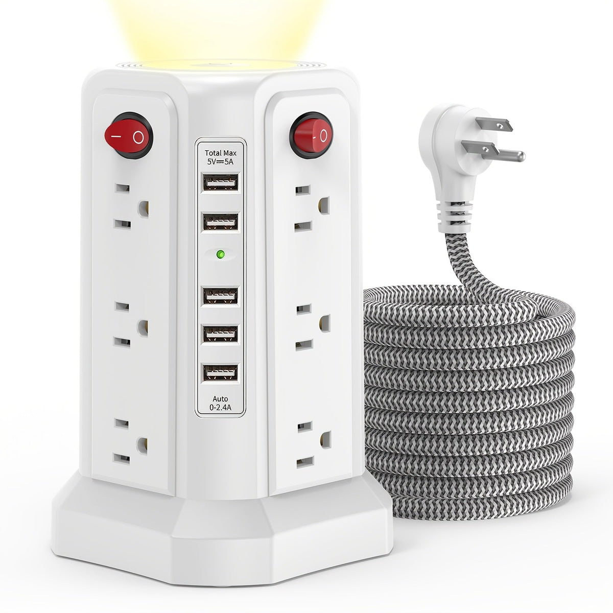 Power Strip Tower Angled Flat Plug 17-in-1 with 12 AC Outlets 4 USB-A 1 USB-C PD 18W 4 Independent Switches 1500J Surge Protector Desktop Extension Cord for Home Office Dorm Room – Black & White
