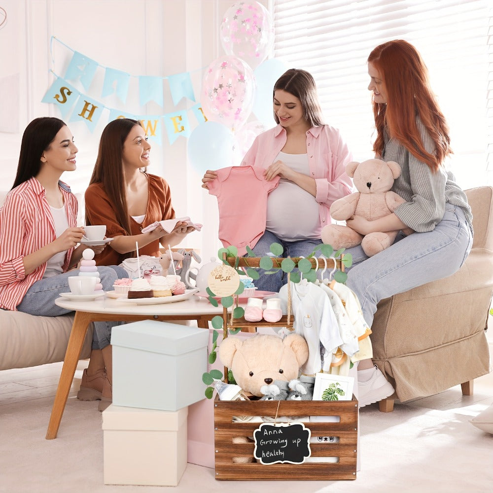 Wooden Gift Crate Basket with Handle and Garland Large Storage Organizer Baby Shower Pregnancy Announcement Christmas Party Decor Housewarming Gift