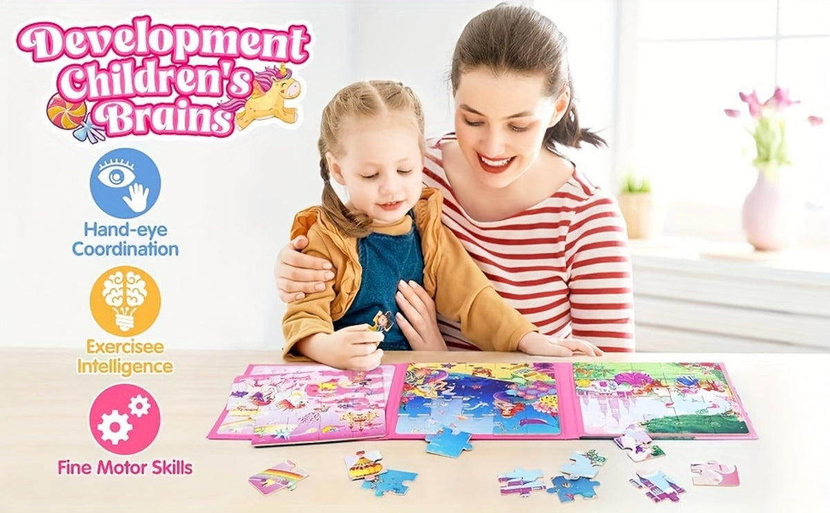 3-in-1 Magnetic Puzzle Book, Unicorn, Mermaid & Princess Themes