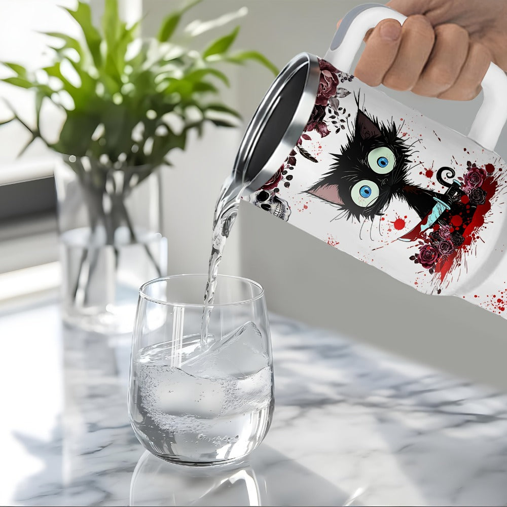 Halloween Horror Cat 40oz Insulated Tumbler with Lid and Straw – Stainless Steel Large Capacity Coffee Cup with Handle | Spooky Cat Mug for Halloween Gifts Office Home