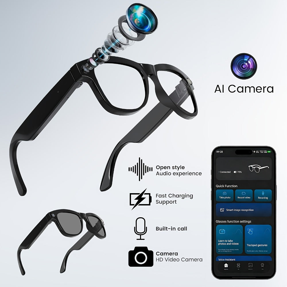 Smart Glasses with Camera 200MP Dual Lens AI POV Recording – Hi-Fi Open-Ear Audio | Touch & Voice Control | Ultra-Long Battery | Cycling Sports Outdoor Photography | Transparent & Black Lenses | Tech Gift