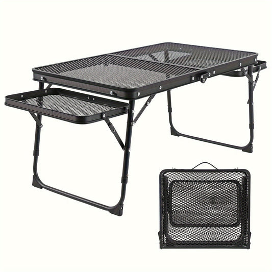 Folding Camping Table with Mesh Top, Two Side Extensions and Adjustable Height
