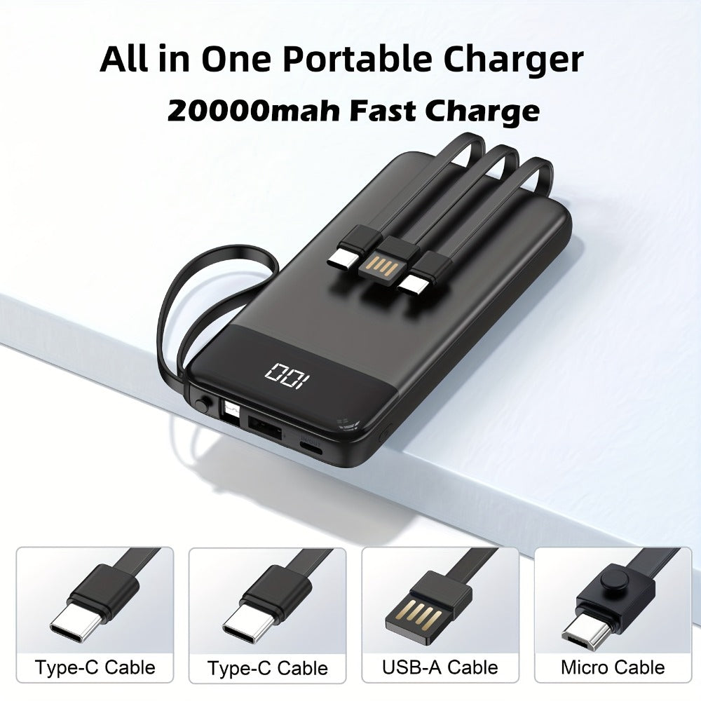 20000mAh Solar Power Bank with Built-in USB-C Cable 20W Fast Charging Portable Charger – Battery Pack for iPhone Android iPad Outdoor Travel Camping Hiking