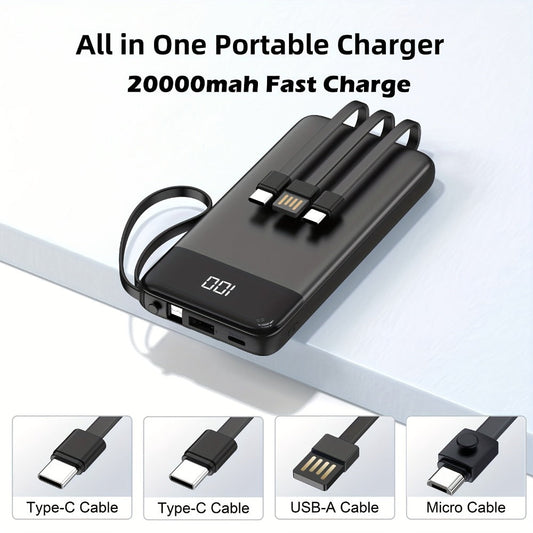 20000mAh Solar Power Bank with Built-in USB-C Cable 20W Fast Charging Portable Charger – Battery Pack for iPhone Android iPad Outdoor Travel Camping Hiking