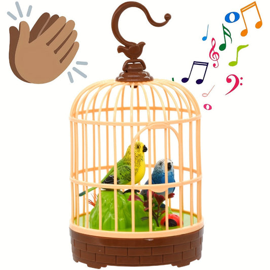 Voice-Activated Birdcage Toy with Chirping Parrot and Fluttering Wings