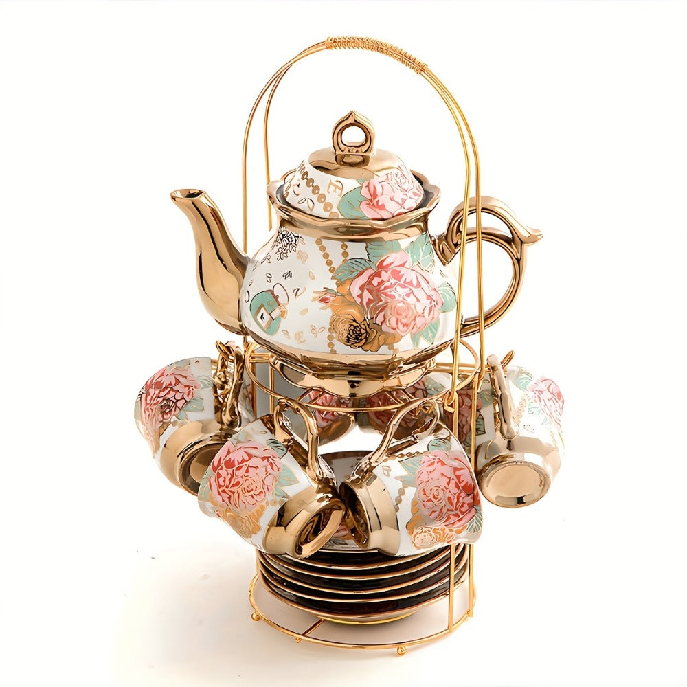 Floral Ceramic Tea Set 20 Pcs – European Porcelain Tea Cups & Saucers with Metal Holder & 15 Oz Teapot – Luxury Arabic Coffee Cup Set for Espresso, Cappuccino & Afternoon Tea – Elegant Gift