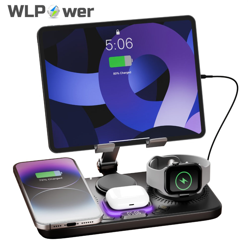 6-in-1 Wireless Charging Station with Clock Display & Atmosphere Light 15W Fast Charger Dock – Tablet Stand, Charges 4 Devices at Once | iPhone 17/16/15/14/13/12, Apple Watch, AirPods | Black & White