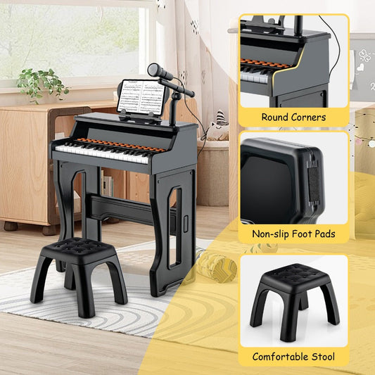 Kids Piano Keyboard Set in Black, 37 Keys with Microphone, Music Stand and Stool