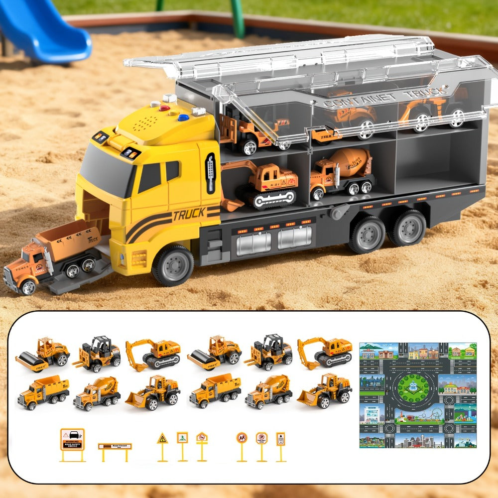 Construction Truck Toy Set, 13-in-1 Carrier with Die-Cast Vehicles and Play Mat