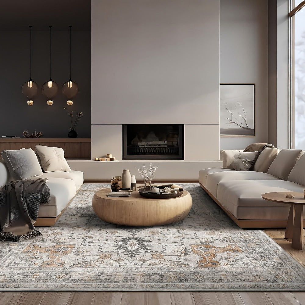 Vintage Chenille Area Rug Non-Slip Machine Washable – Retro Print Lightweight Carpet for Living Room, Bedroom, Dining Area & Home Office – Light Taupe Brown, 8 Sizes