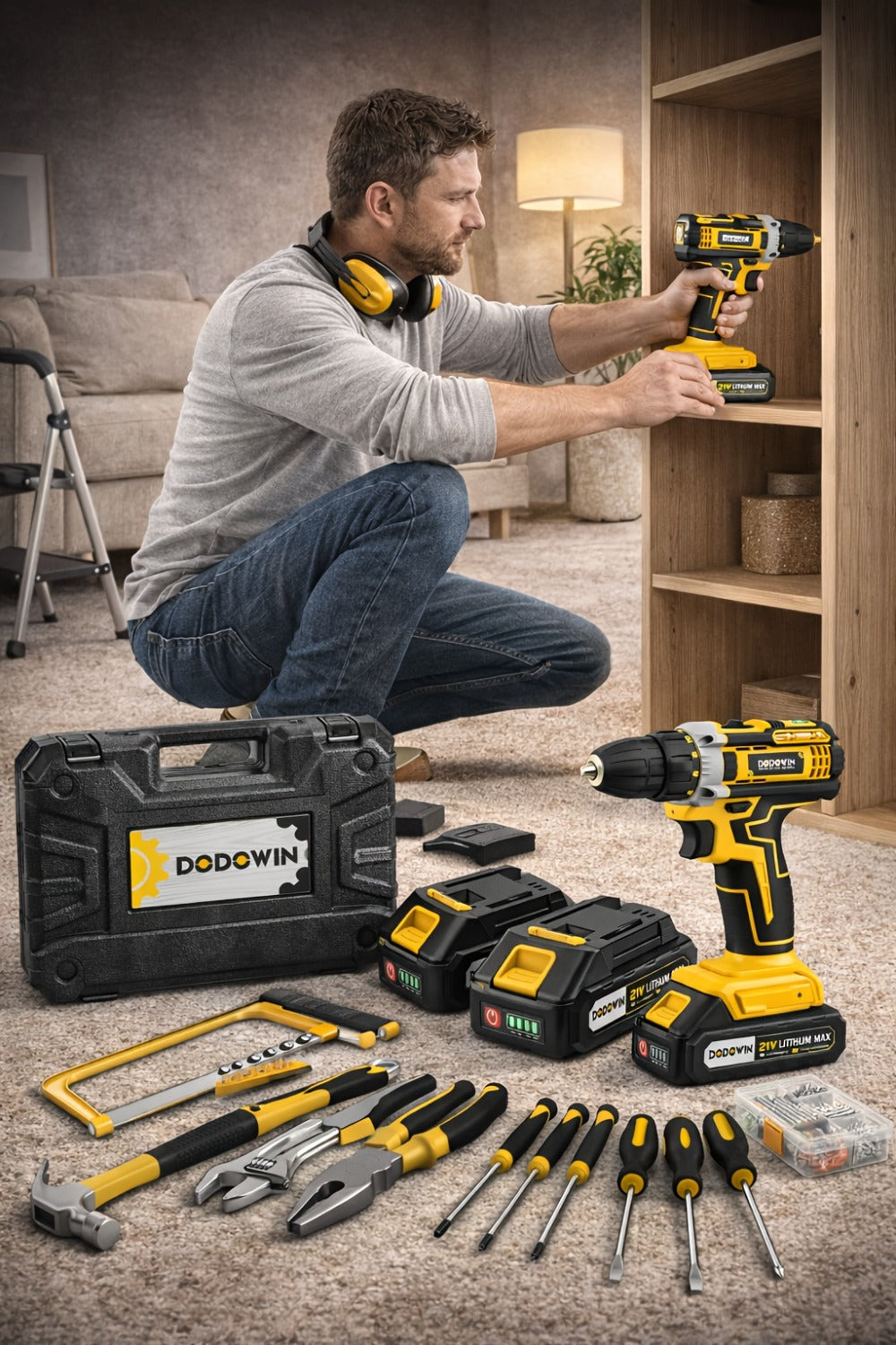 Cordless Impact Drill Set 12V / 21V Electric Drill Kit – 45Nm Torque, 2-Speed, Keyless Chuck, LED Light, Battery & Charger Included, Up to 115pcs Accessories for Home Repair, DIY & Construction