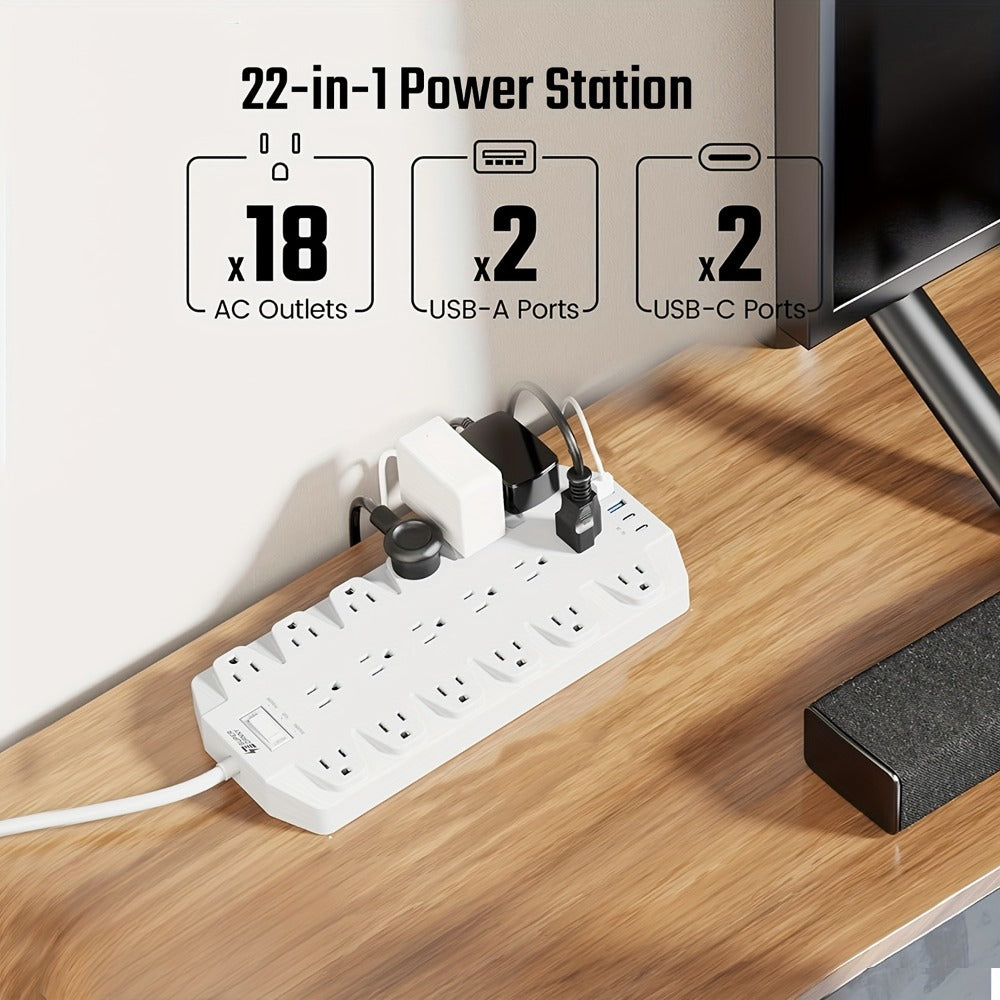 45W USB-C PD Power Strip Surge Protector 26-in-1, 22 AC Outlets & 4 USB Ports (2 USB-C 45W + 2 USB-A), 2100J, Flat Plug Wall Mountable, 15A Heavy Duty Extension Cord for Home Office Dorm – Multiple Outlet Sizes