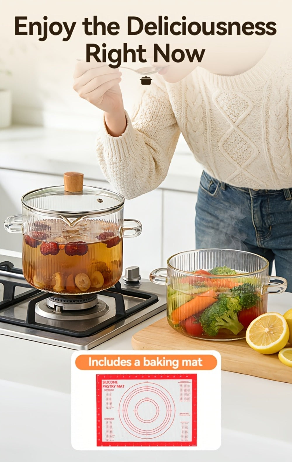 Glass Saucepan Set 2-Pack Stovetop Safe Borosilicate Ribbed Pots with Lids – 78oz & 54oz Heat Resistant Cookware for Soup, Ramen, Milk | Transparent Glass Pot Kitchen Cooking Set with Baking Mat