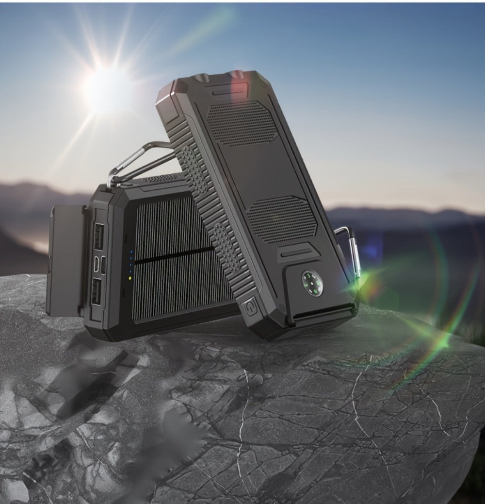 Solar Power Bank 20000mAh Portable Charger for Camping Hiking Outdoor Survival – Dual USB LED Flashlight Compass Emergency Battery Pack for iPhone Android – Black Orange