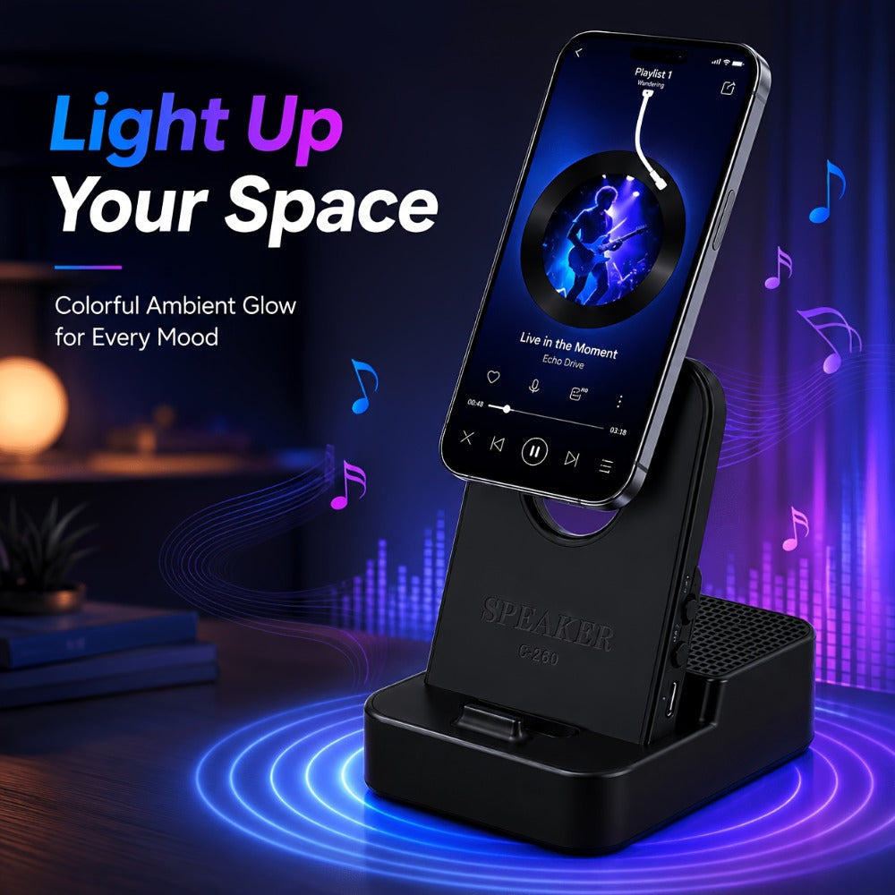 Magnetic Wireless Speaker Stand with Emergency Charging – 360° Adjustable Foldable Phone Holder, Portable Bluetooth Speaker, Compatible with iPhone & Android, for Home, Travel & Office