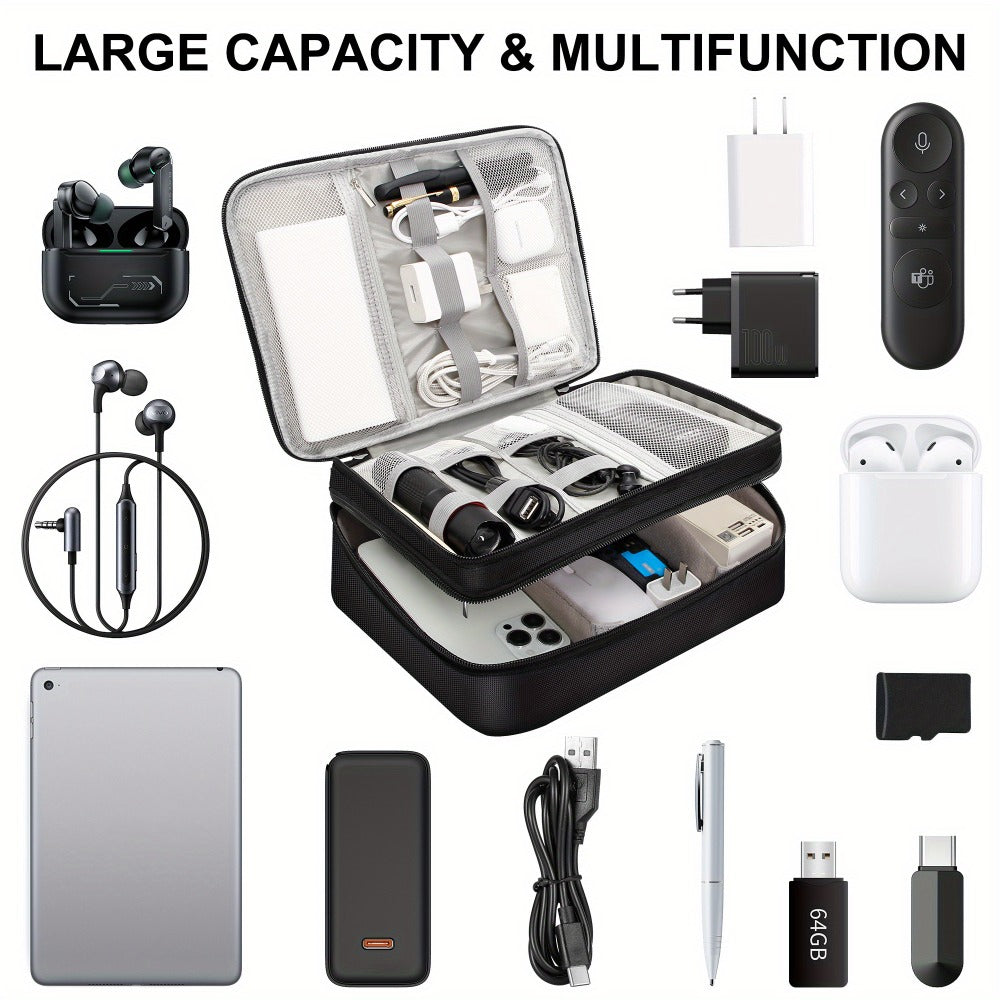 Cable Organizer Bag for Travel Double Layer – Water-Resistant Electronics Case with Removable Dividers | Cables, Chargers, Power Bank & Tablet, Grey & Black
