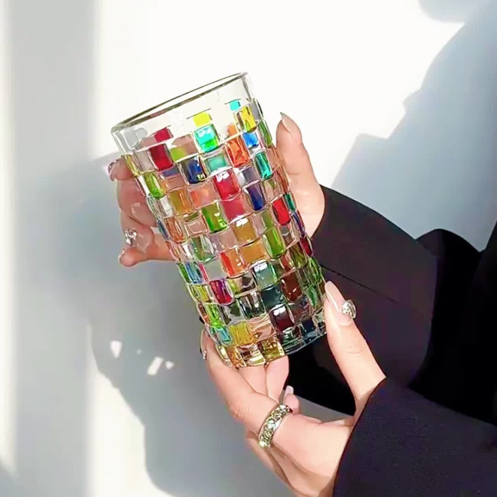 Hand-Painted Drinking Glasses Set – Colorful Square Lattice Woven Handcrafted Glass for Water, Juice, Whiskey & Beer – Artistic Decorative Glassware for Home Bar & Entertaining – 2pc or 4pc