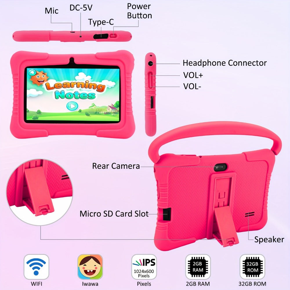 Kids Tablet 7 Inch Veidoo Android WiFi Eye Protection Screen Dual Camera Parental Control Educational Games Drop-Proof Silicone Cover 1+16GB 2+32GB Blue Pink Children Tablet Pad