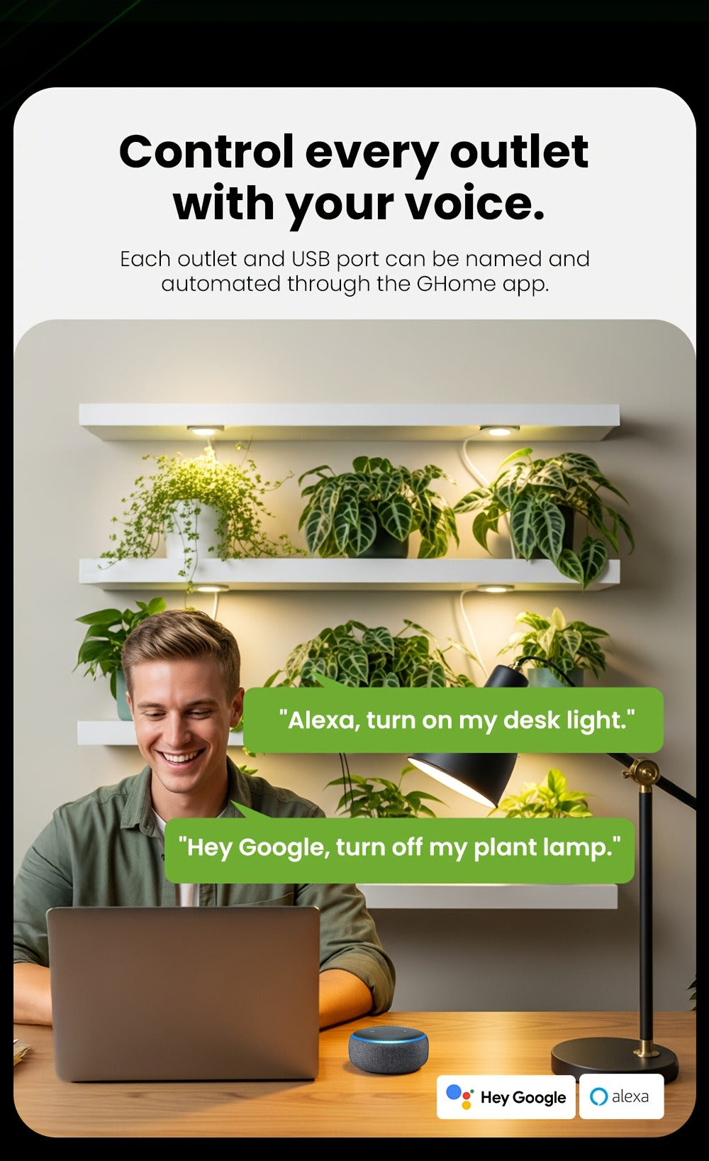 Smart Power Strip WiFi with 3 Individually Controlled Outlets & 3 USB Ports – GHome Surge Protector, Works with Alexa & Google Home, Tuya App, Timer, No Hub, 4ft Cord, 2.4GHz, US Plug (White)