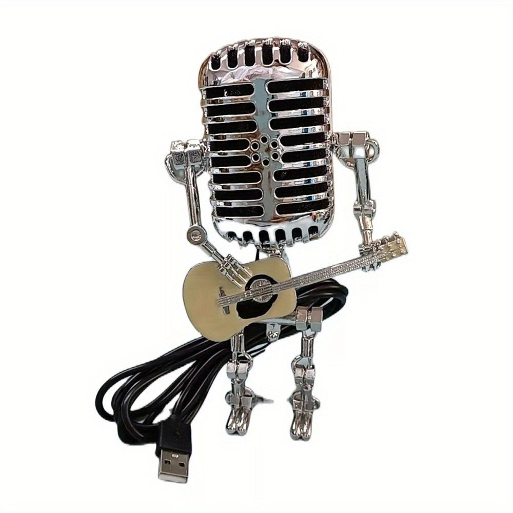 Vintage Microphone Robot Guitar Lamp USB Powered – Retro Decorative Night Light for Music Lovers, Guitar Players, Home, Bar & Office Desk Decor (Red / Yellow)