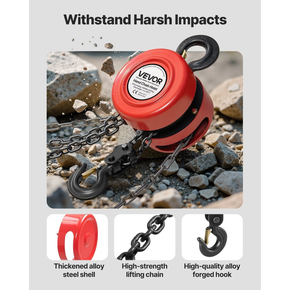Hand Chain Hoist 2200 lb / 4400 lb Manual Chain Block with G70 Chain – 8 ft / 10 ft / 20 ft Lift Height, 360° Rotating Hooks, Security Brake, for Garage, Construction & Warehouse Lifting