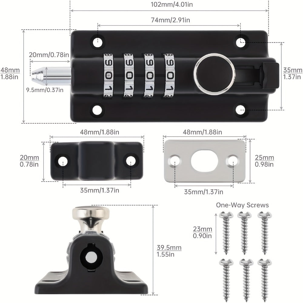 Combination Bolt Lock 4-Digit Heavy Duty Zinc Alloy Sliding Security Lock – Keyless Door Bolt with Screwdriver Set for Shed Gate Fence & Outdoor Doors, Black