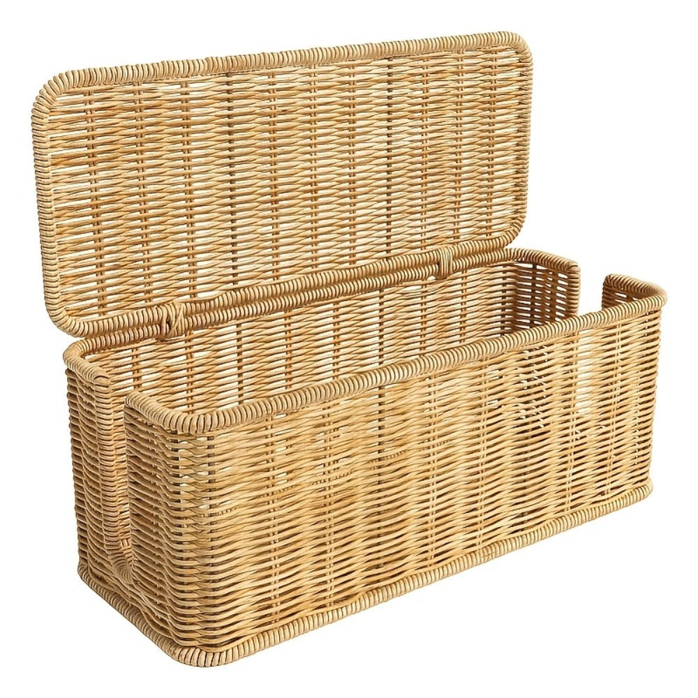 Rattan Cable Management Box with Lid Woven Cord Organizer – Stylish Power Strip Cover Wire Hider for Home Office Living Room Desk Bedroom, Conceals Surge Protectors & Data Cables, Boho Decor Gift