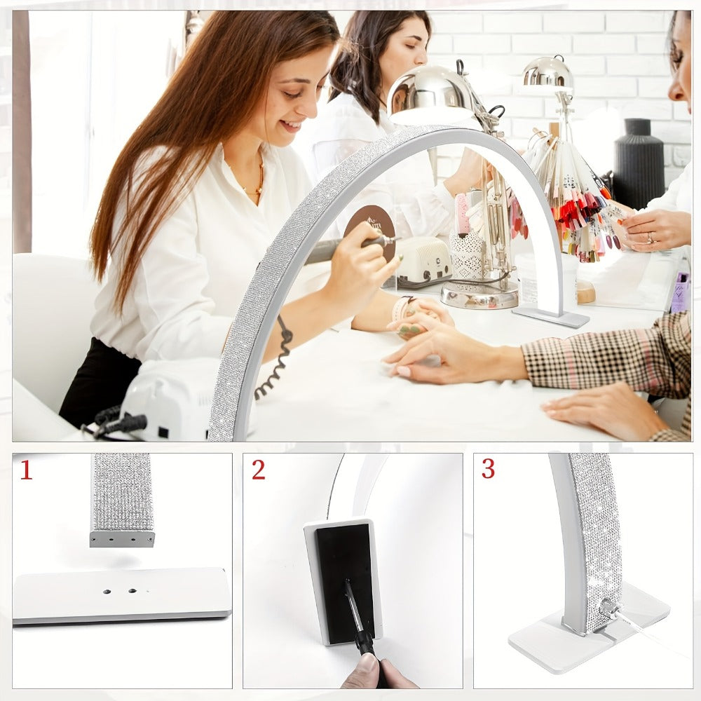 Nail Lamp Studio Desk LED Half Light – 3-Color Temperature Adjustable Brightness for Nail Tech, Beauty Treatments, Skin Care, Eyebrow & Tattoo Lighting, 29 Inch (Black Diamond / White / White Rhinestone)