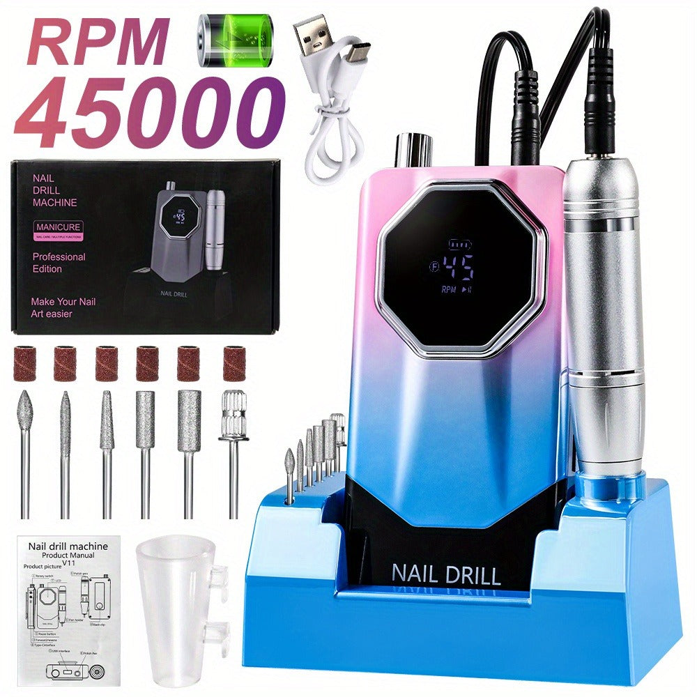 Electric Nail Drill Kit 45000 RPM LCD Display USB Rechargeable Portable E-File Acrylic Gel Removal Polishing Forward Reverse Low Noise Home Salon Manicure Pedicure Gradient Grey White