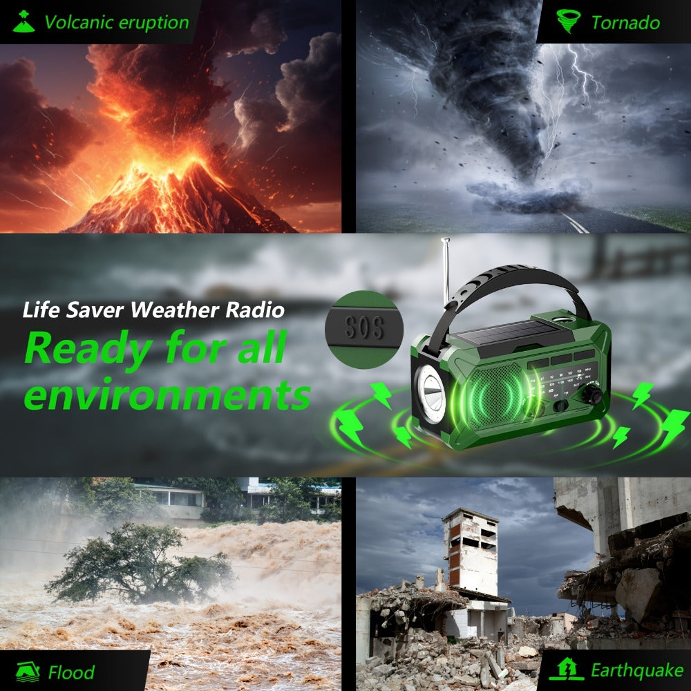 Emergency Radio Hand Crank Solar USB 3-Way Charging AM FM with 10000mAh Power Bank, SOS Alarm, LED Flashlight, Reading Light, Thermometer, Compass for Family Home Survival Kit
