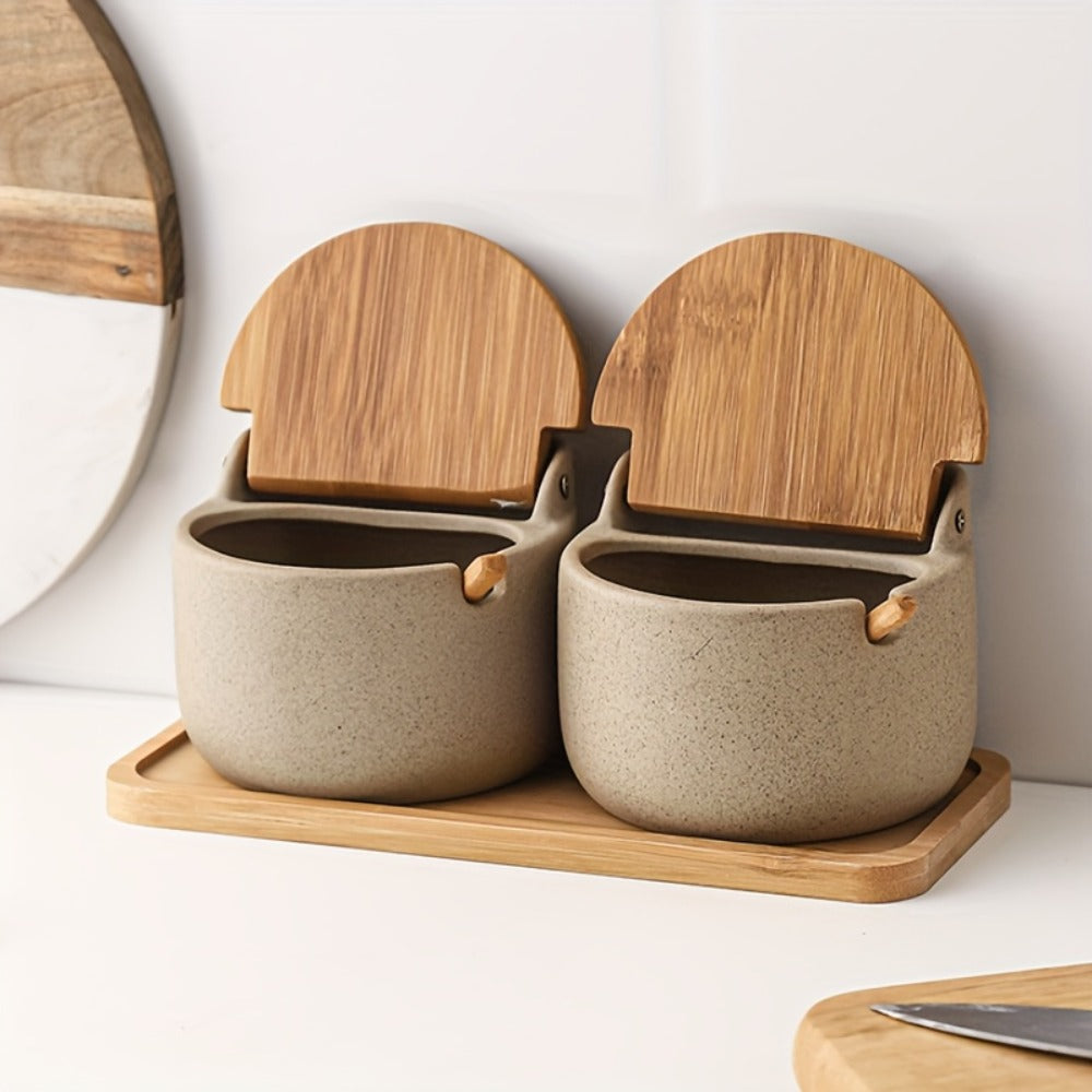 Ceramic Seasoning Pot Set with Lid & Spoon – Salt Pepper Spice Jar Container with Tray Kitchen Condiment Storage Organizer for Counter Cooking Accessories Housewarming Gift