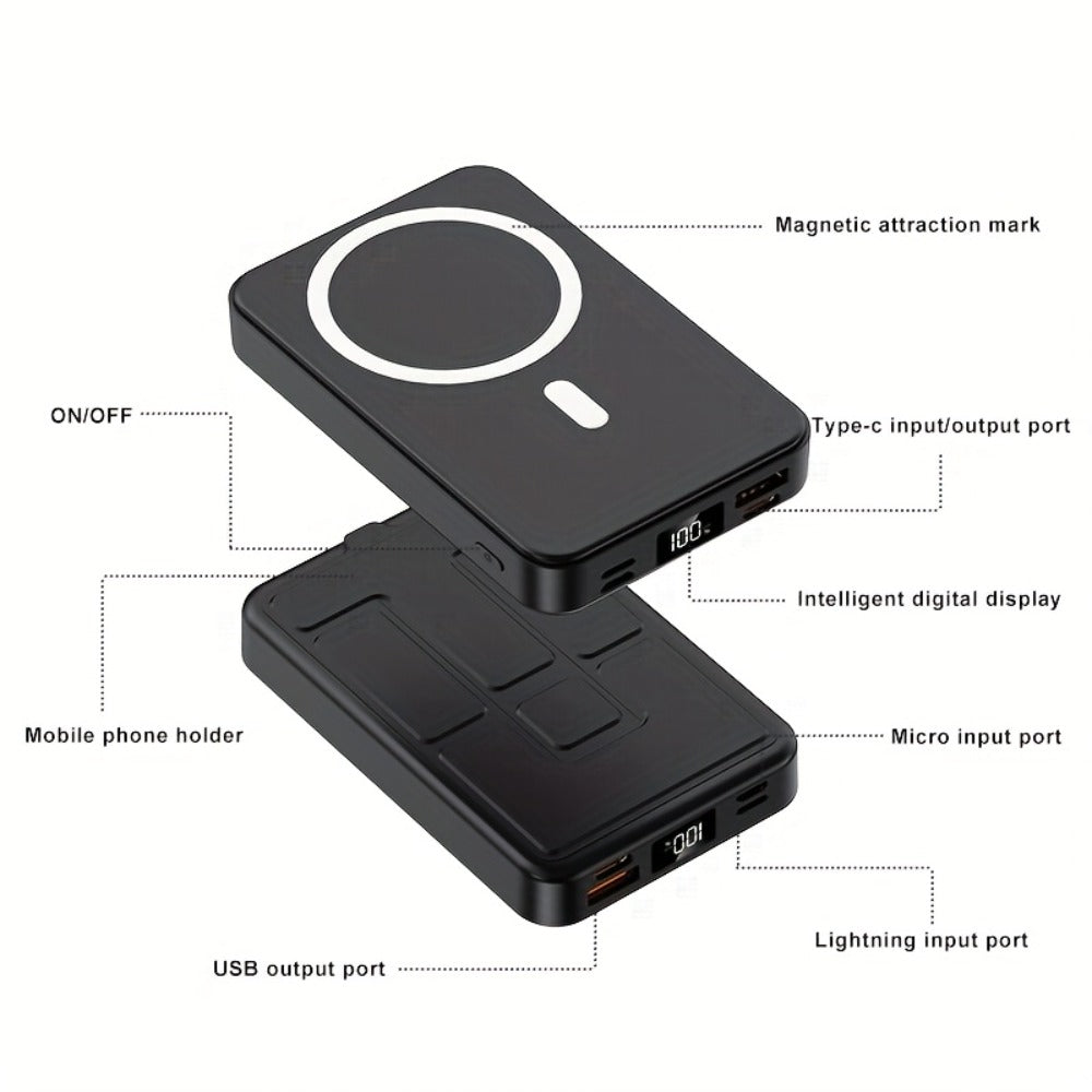 Magnetic Wireless Power Bank 10000mAh 22.5W Fast Charging Portable Charger with LED Display Built-in Kickstand PD20W USB-C Charges 3 Devices Travel Outdoor Black White Purple