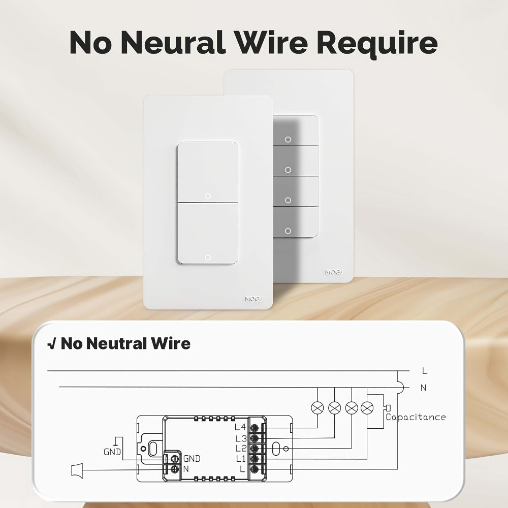 No Neutral Wire WiFi Smart Light Switch MOES 1/2/3/4 Gang Single Pole, Works with Alexa & Google Assistant, No Hub Required, 2.4GHz App Control, 110V – 2 Pack Smart Home Lighting Switch