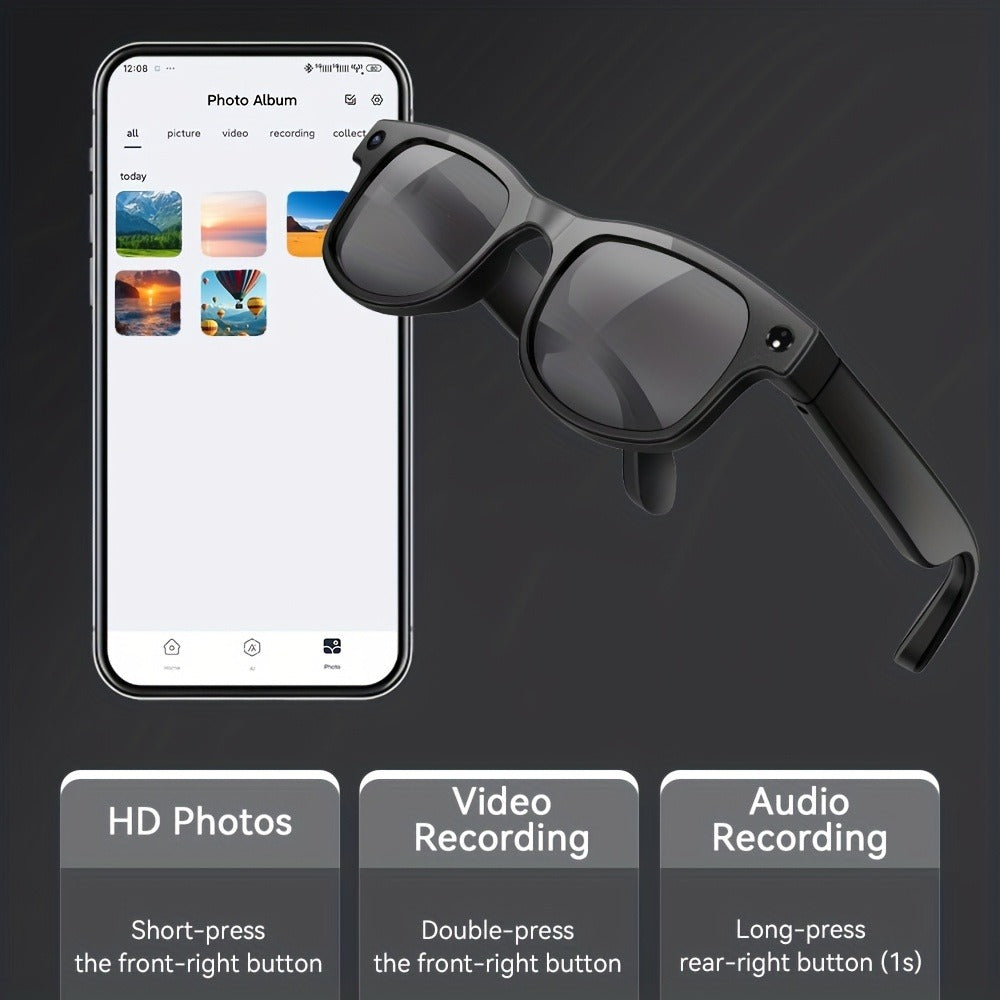 Smart Glasses with Camera 8MP Dual Lens 1080P HD – AI Auto Color Change, Air Conduction 360° Sound, Dual Mic, 290mAh Battery, 3 Lenses, Black & Transparent Frame