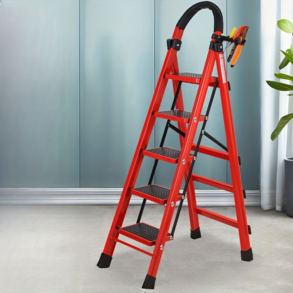 Folding Step Ladder 3 / 4 / 5 Step with Anti-Slip Pedal & Tool Tray – 450 LBS Capacity Portable Steel Step Stool for Adults, Home, Kitchen, Library & Office Use – Red & Black Options