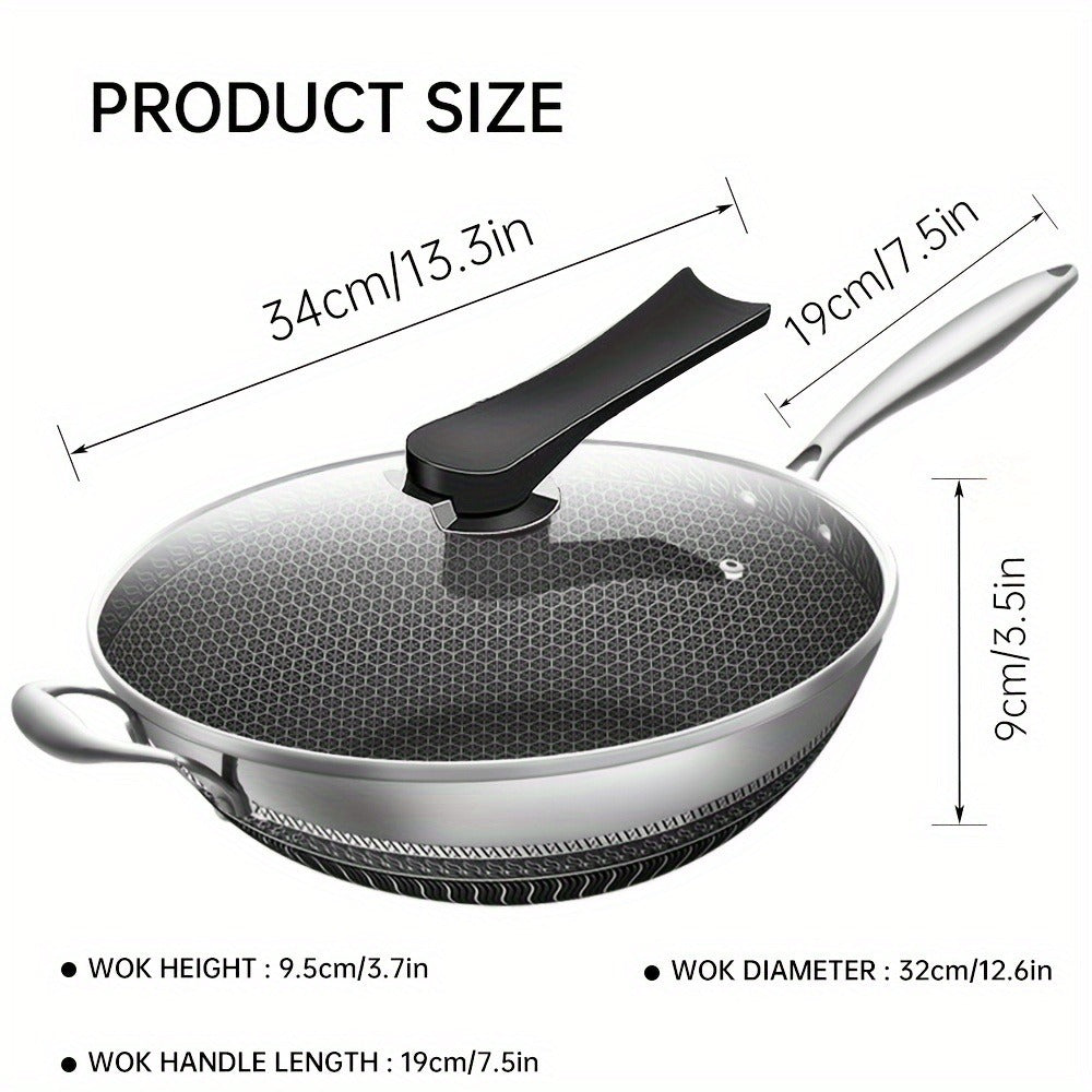 Stainless Steel Wok 13.3 Inch Honeycomb Non-Stick with Lid Spatula & Pot Brush – All Cooktop Compatible Stir Fry Pan | Induction Gas Electric Ceramic | Complete Kitchen Wok Set Cooking Accessories