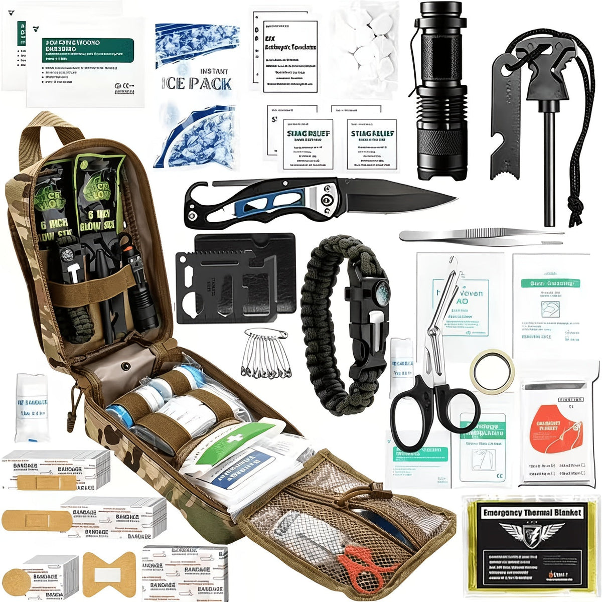 217 Piece Survival Kit with First Aid Kit & Molle Storage Bag - Emergency Gear Set for Camping, Hiking, Outdoor Adventure, Home & Office, Perfect Gift for Men, Dad, Husband, Son - Orange Green Khaki Black Red Camouflage
