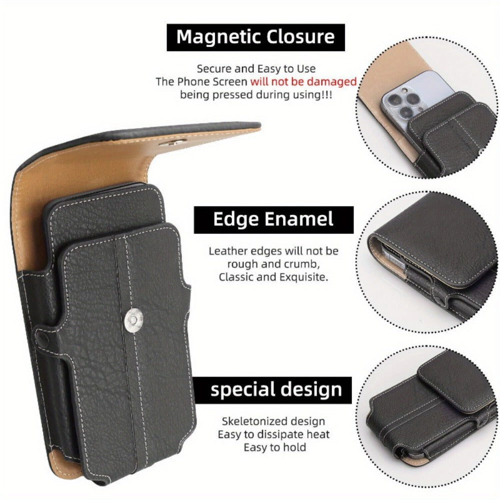 Phone Holster Belt Clip PU Leather Universal Waist Pouch 5.2–7.2 Inch – Vertical Carry Case with Metal Clip & Belt Loop for iPhone 16 15 14 13 12 11 Pro Max Plus, Samsung Galaxy S25 S24 Ultra A Series