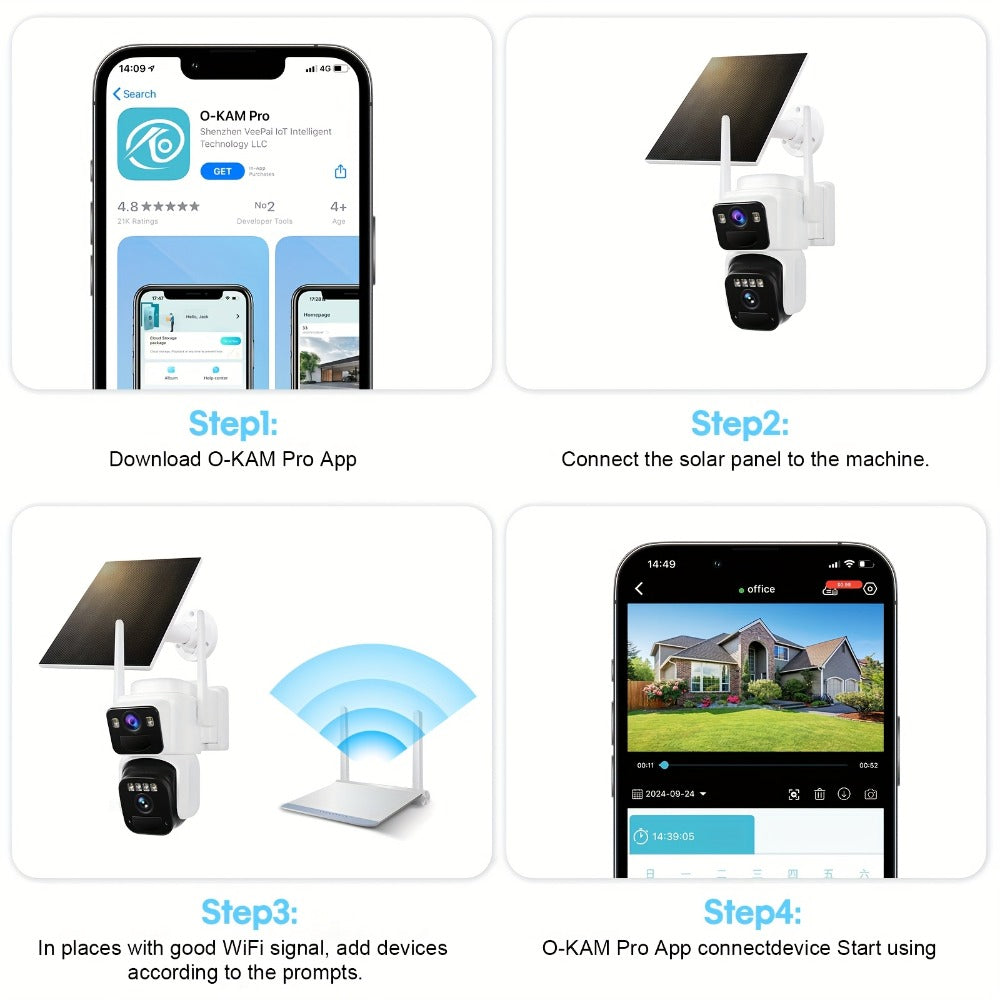 Dual Lens Solar Security Camera Outdoor Wireless WiFi Battery Powered with Color Night Vision, PIR Motion Detection, Two-Way Audio, Spotlight Alarm & 256GB TF Card Support – Wire-Free CCTV Surveillance