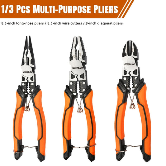 CR-V Steel Pliers with TPR Handles, 3-Piece Set or Individual Tool Options