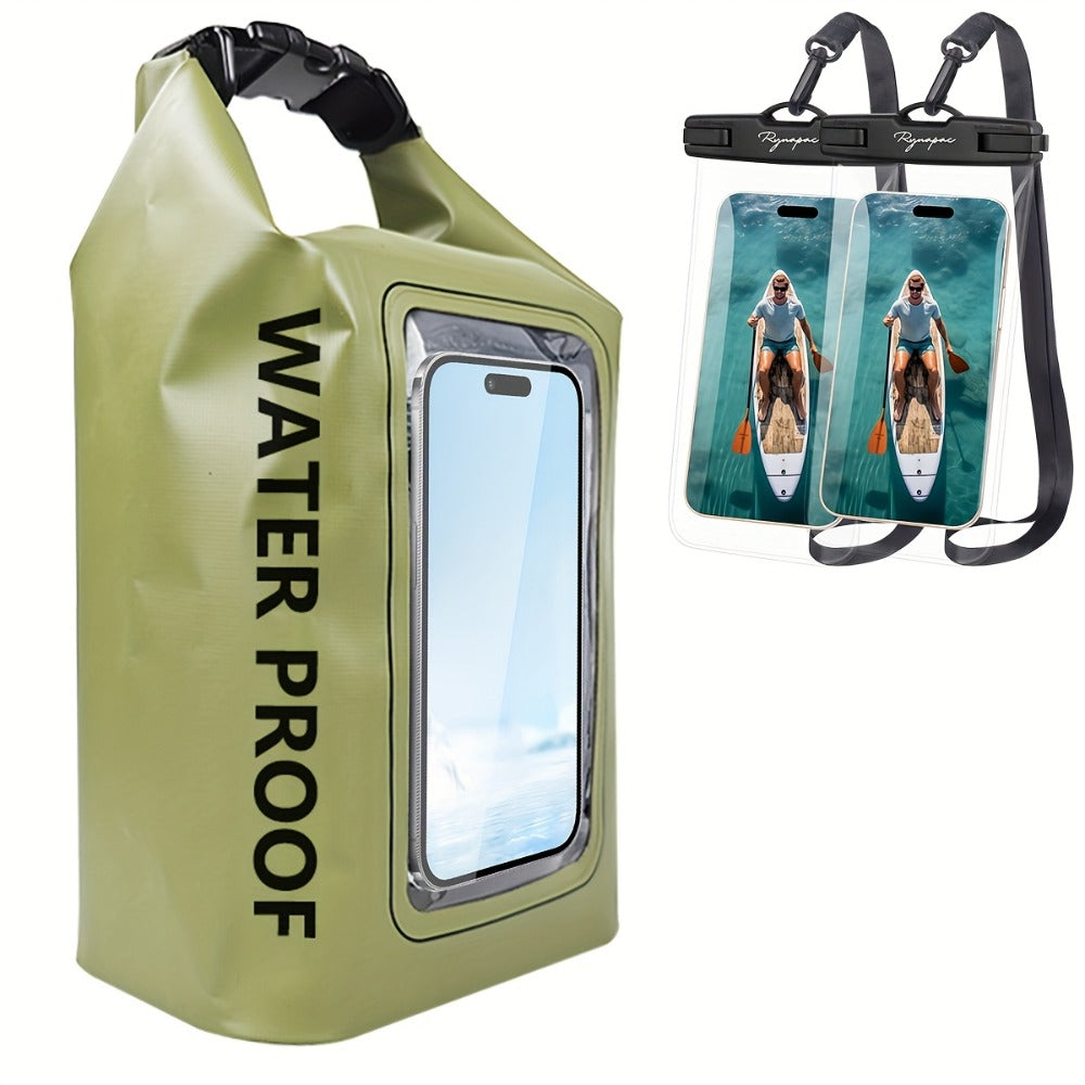 Waterproof Dry Bag Set 3-Piece Roll Top Backpack with Phone Pouch & Dry Sack - Kayaking Boating Camping Swimming Beach Fishing Rafting Travel Gear for Men Women, 1.32 Gal Lightweight PVC Water Sports Bag
