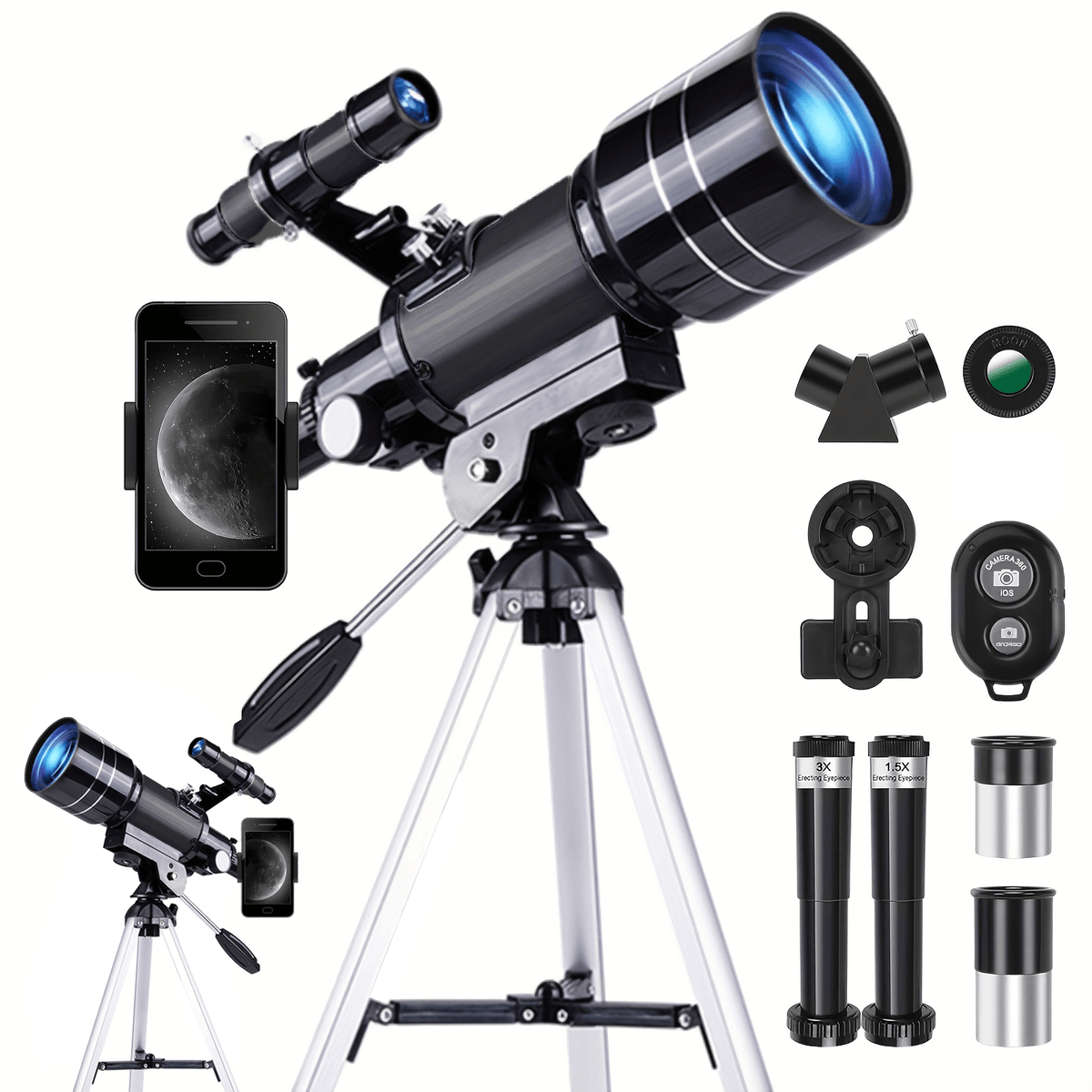 70mm Aperture Telescope 150X for Adults & Kids – Portable Astronomical Telescope with Tripod, Phone Holder, Barlow Lens & Eyepiece, Best Gift for Stargazing, Nature & Education