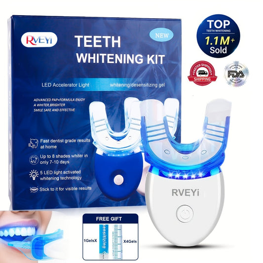 LED Teeth Whitening Kit with 5 Whitening Gel Syringes, Light and Tray Set for At-Home Use