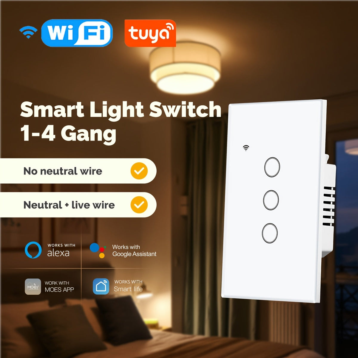 Smart WiFi Touch Wall Switch No Neutral Wire Required – MOES 1/2/3 Gang Light Switch, Works with Alexa & Google Home, App & Voice Control, Timer, 2.4GHz, No Hub, Single Pole, 110V White