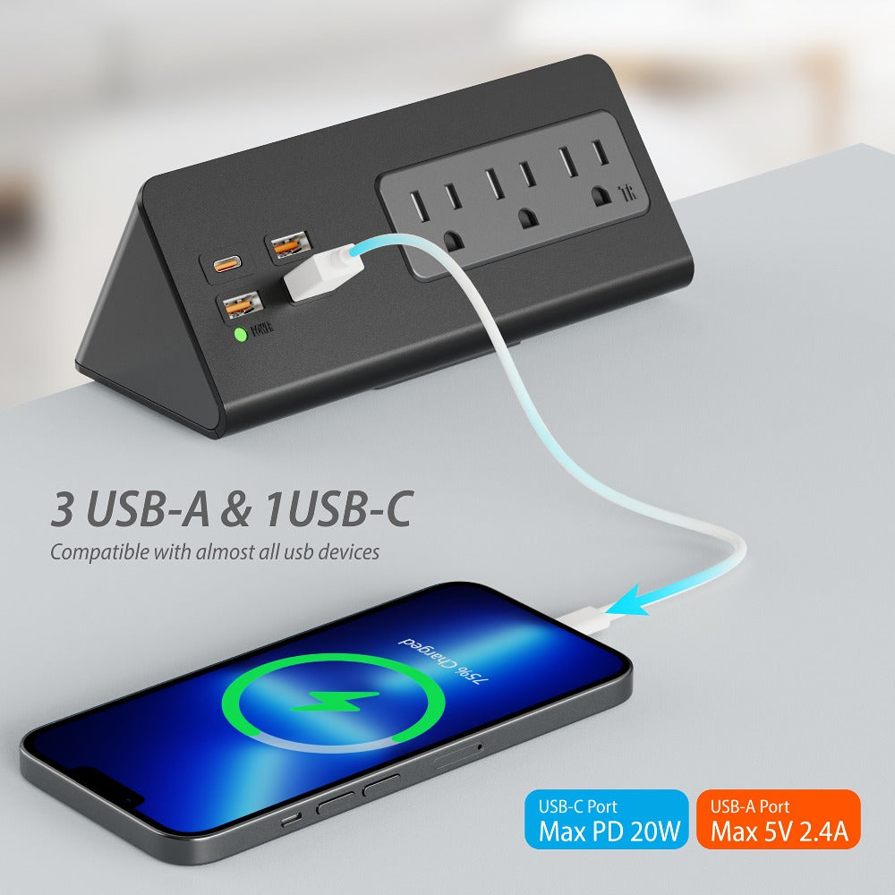 Desk Edge Mount Power Strip 7-in-1 with PD 20W USB-C Fast Charging, Screw & Clamp Mount, 5.6ft Extension Cord, Power Indicator Light – Under-Desk Charging Station for Office, Dorm & Hotel