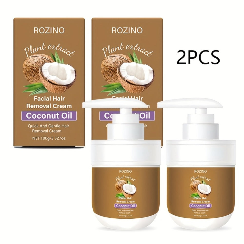 Coconut Oil Hair Removal Cream 2-Pack Gentle Depilatory for Women & Men — Natural Ingredients Deeply Hydrating Minimizes Irritation, Smooth Skin for Face Legs Arms Body, At-Home Painless Hair Removal Set