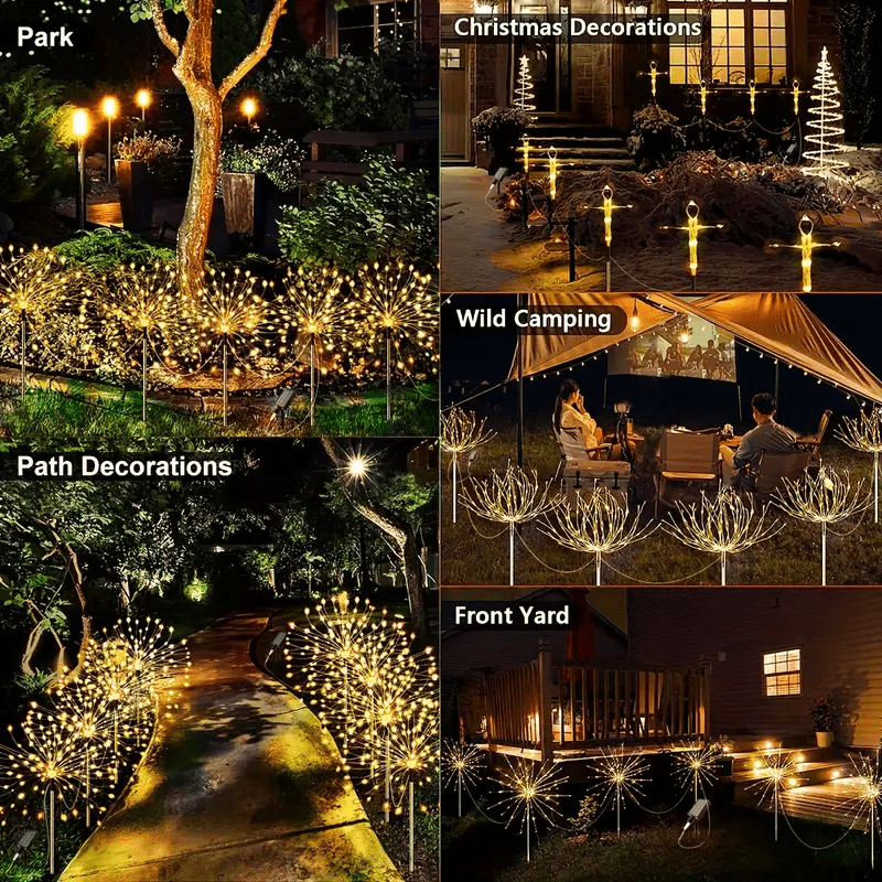 Solar LED Firework Garden Lights Outdoor 8 Modes – 320/680 LED Starburst Stake Light Warm White Colorful for Patio Walkway Camping Wedding Halloween Party Decoration – Single/4/6 Pack